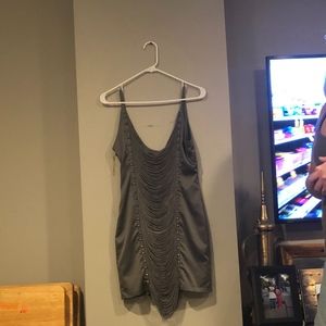Grey fringe body con mini dress